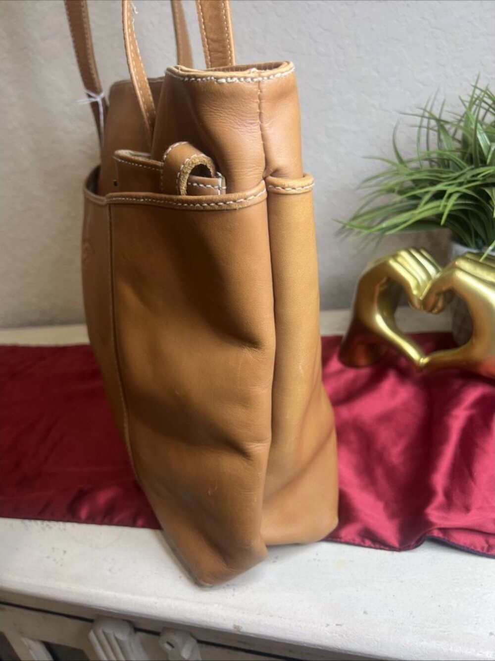 Ellington Cognac Brown Leather Shoulder Bag Whipstitch Trim Work Bag Travel - Picture 5 of 16